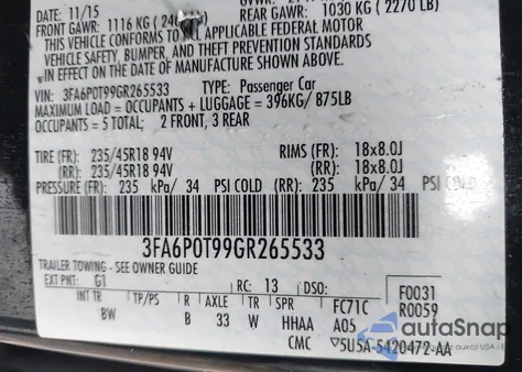 2016 Ford Fusion Se from USA, damaged, VIN 3FA6P0T99GR265533